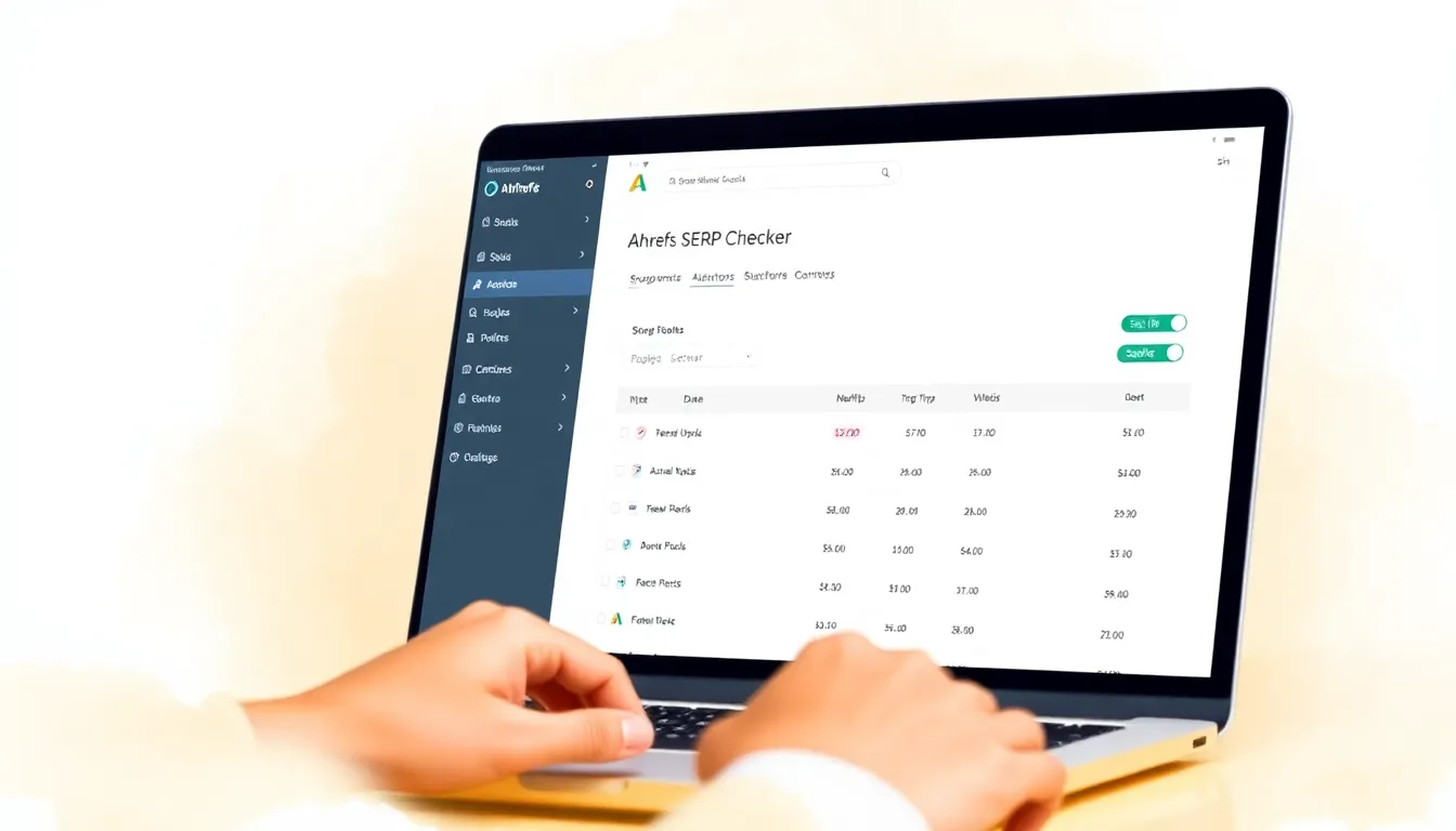 Person using laptop with Ahrefs SERP Checker tool on screen