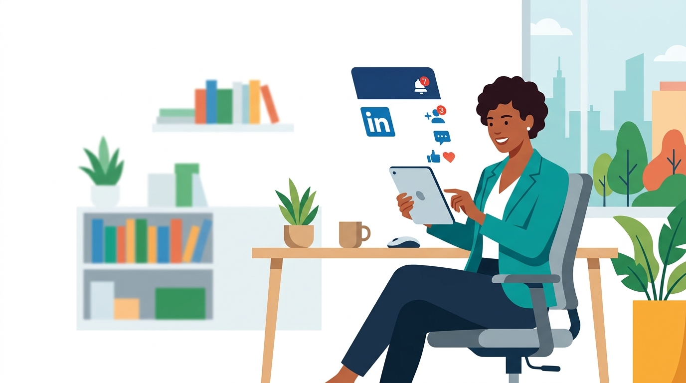 Confident professional reviewing LinkedIn notifications on laptop at modern desk