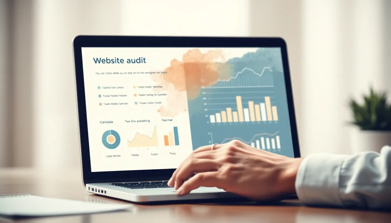 Person reviewing website audit report on a laptop with technical graphs visible