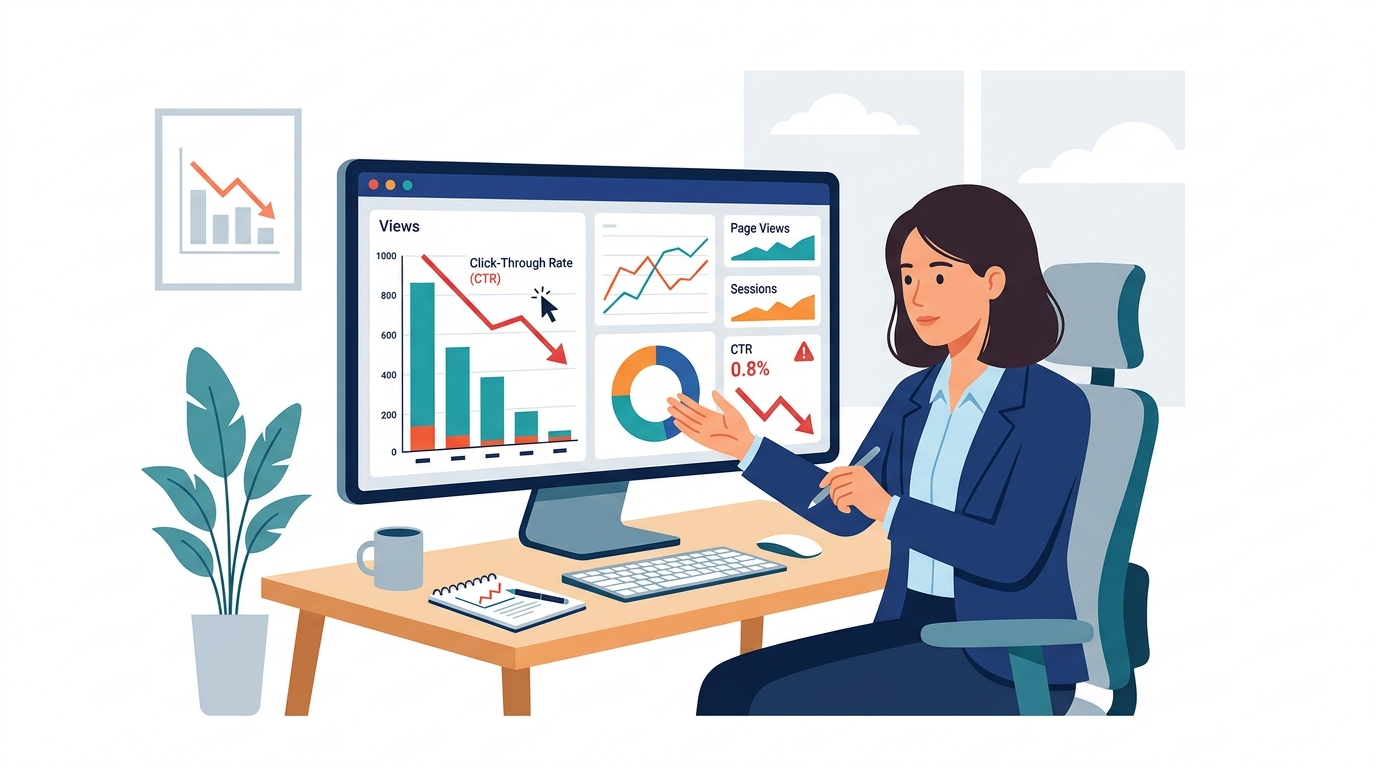 Person reviewing analytics dashboard with low click-through rates highlighted