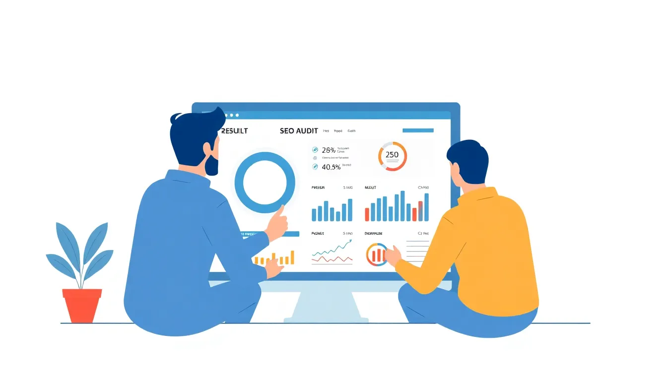Team of marketers analyzing SEO audit results on laptop screens