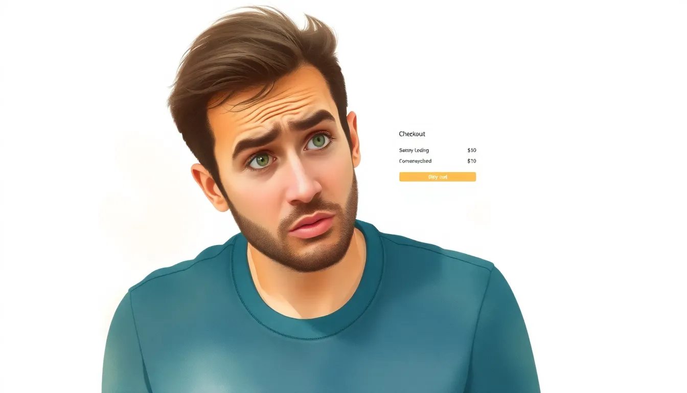Man looking frustrated at a slow-loading ecommerce checkout page on his laptop