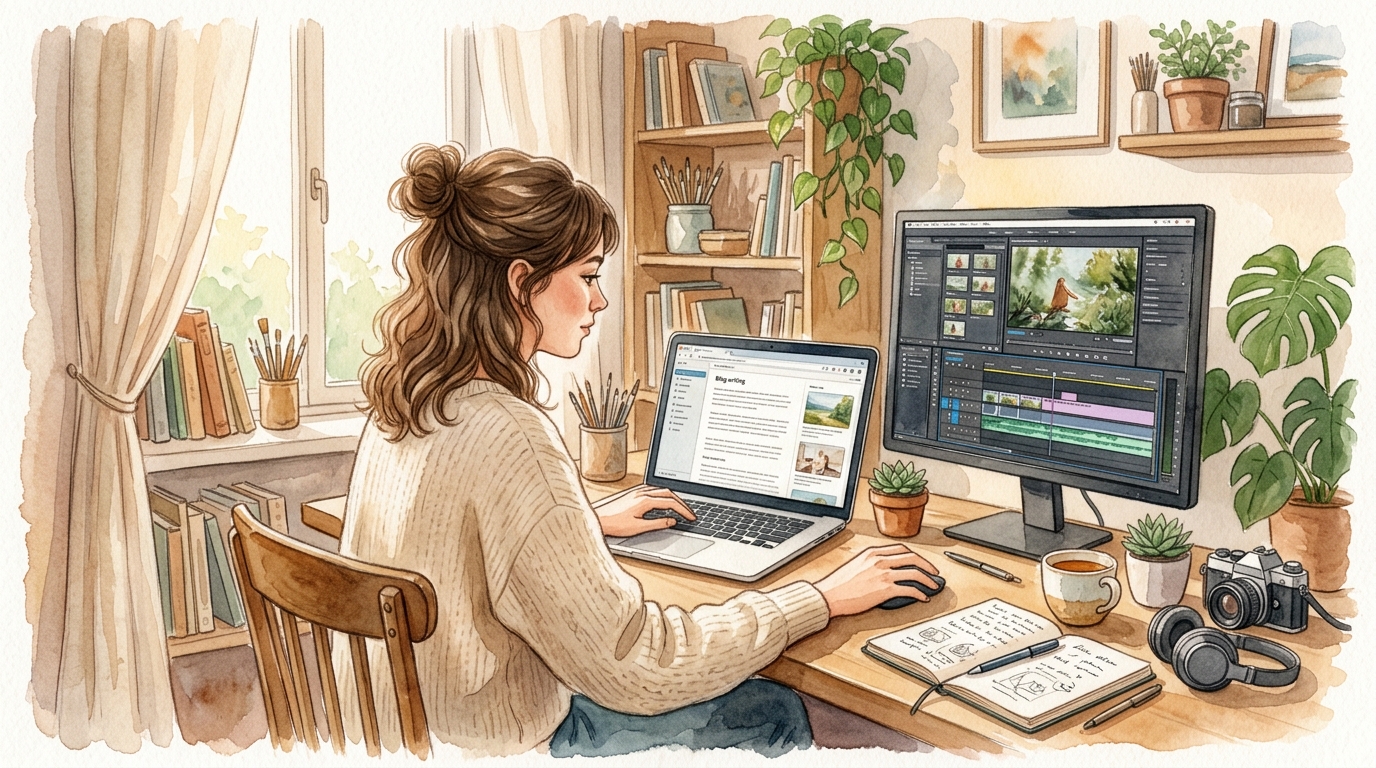 Person creating a blog post while a video is being edited on a second screen