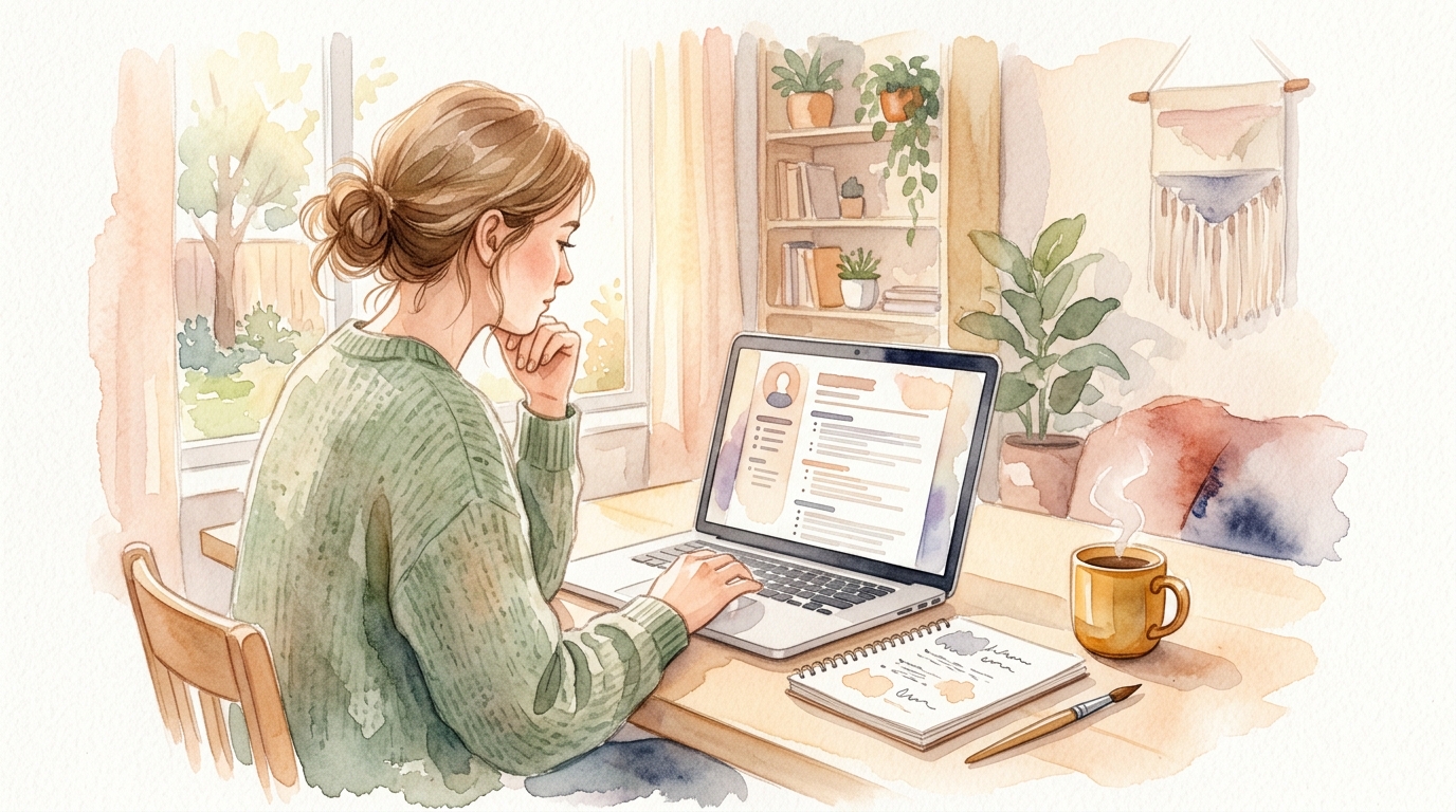 Person reviewing resume template on laptop next to notepad