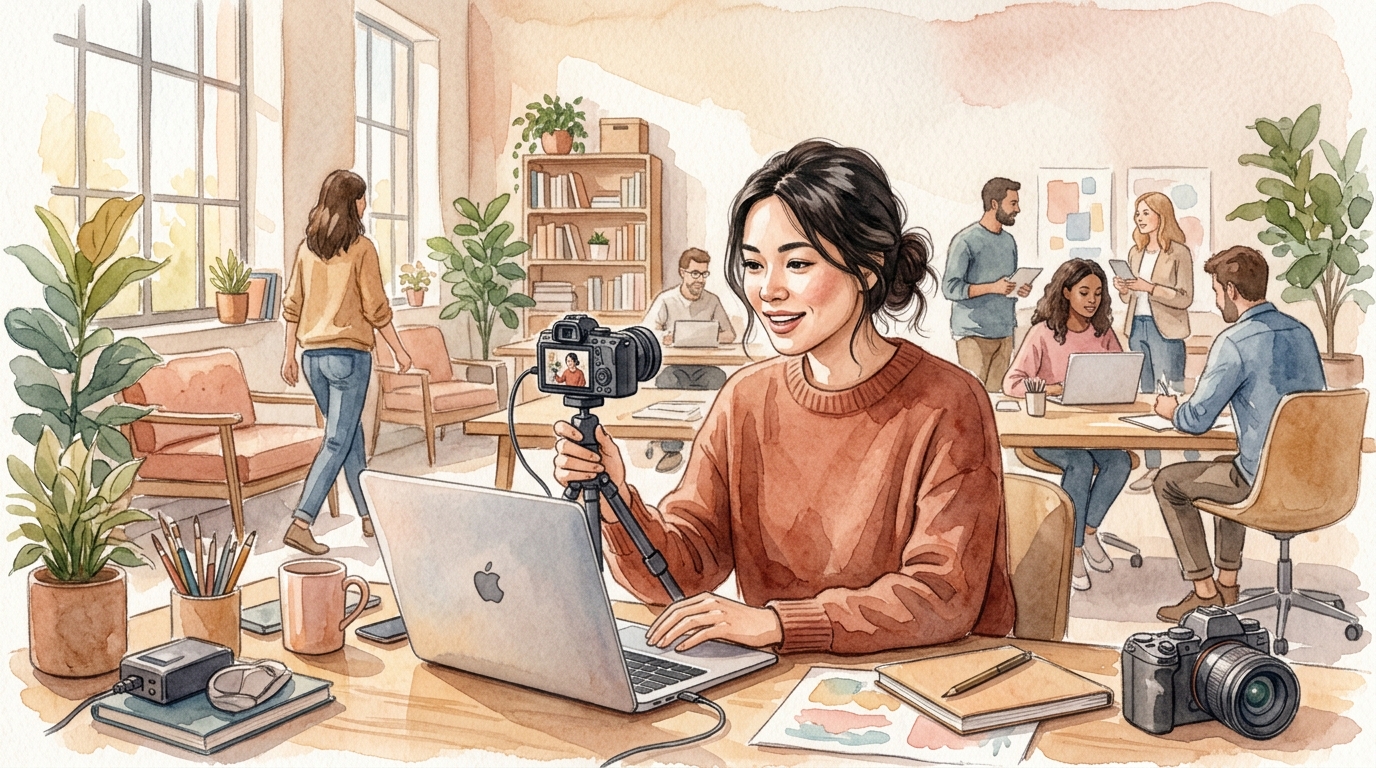 Person on laptop recording a behind-the-scenes office video for LinkedIn