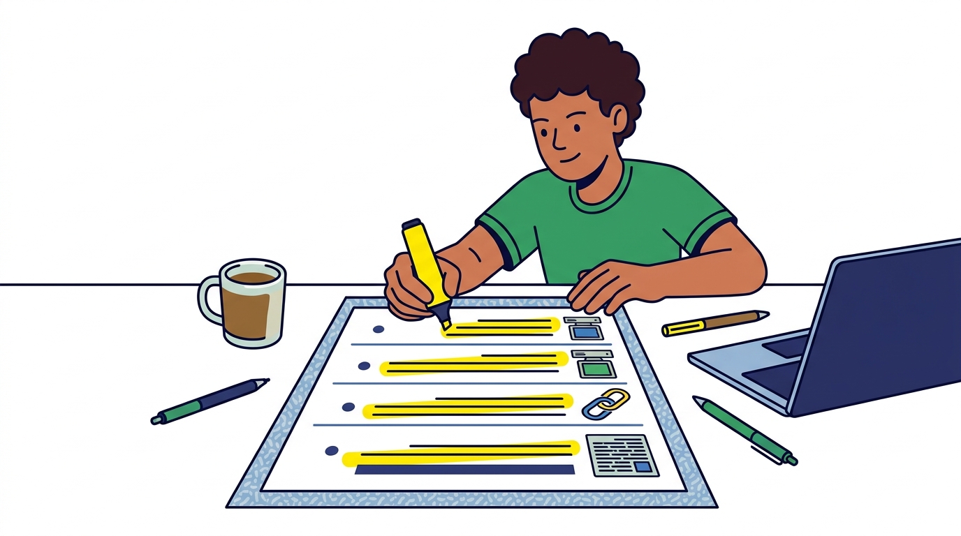 Person highlighting outdated SEO tactics on a printed checklist at a desk