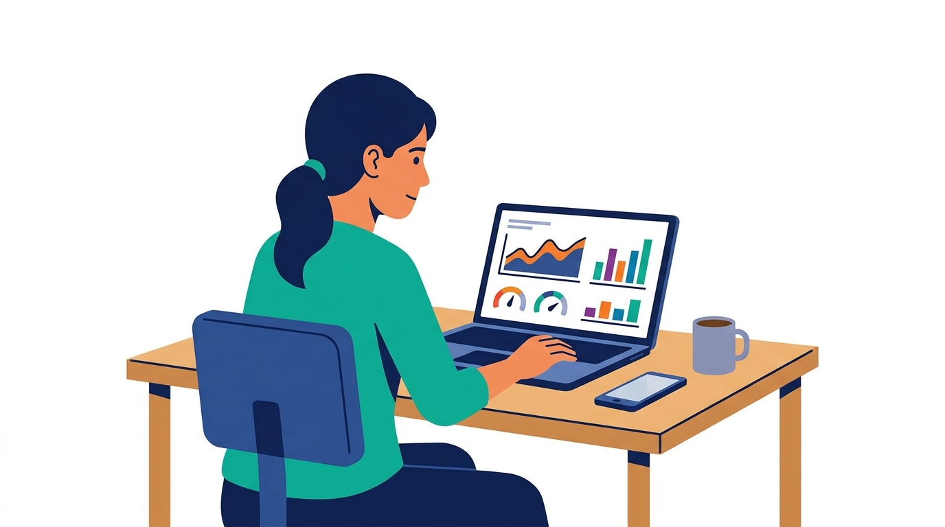 Digital marketer reviewing analytics dashboard on laptop at modern workspace
