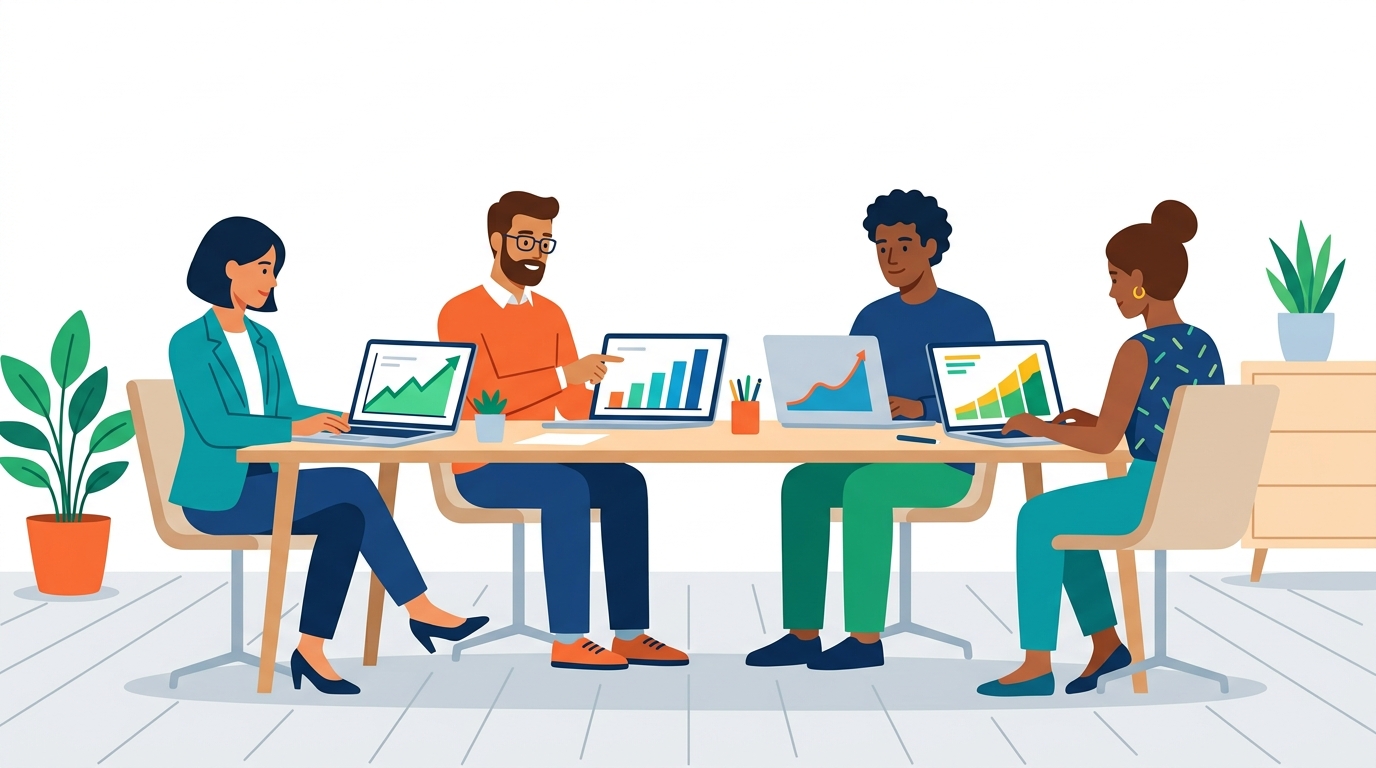 Sales team working on laptops with charts showing rising lead numbers