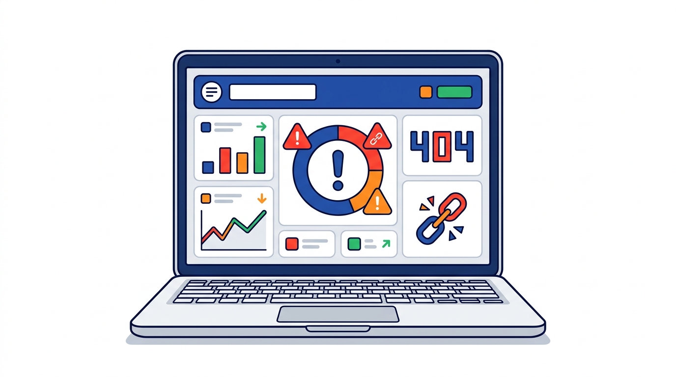 Laptop showing technical SEO audit dashboard with crawl errors highlighted