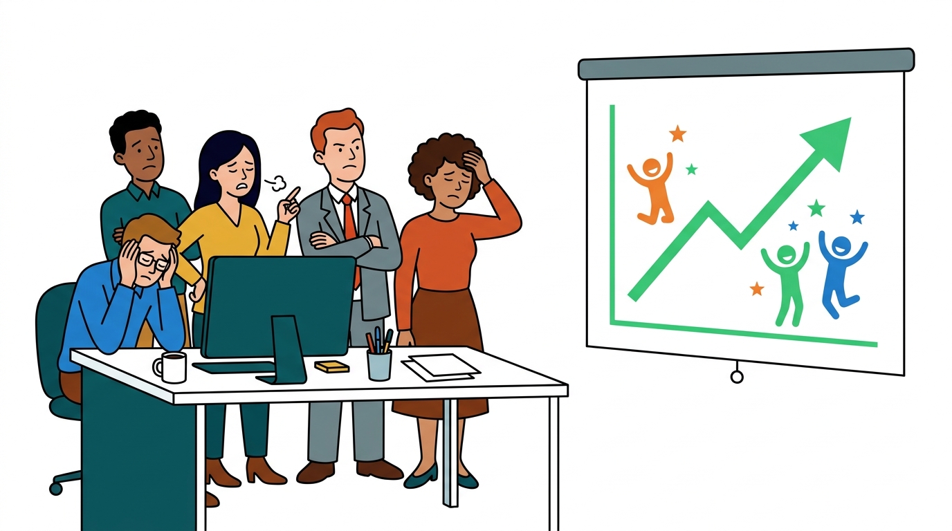 Frustrated sales team watching competitor's success on a digital sales dashboard