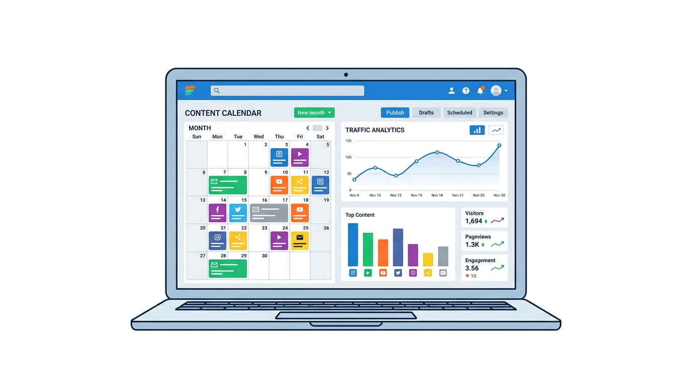 Laptop showing a content calendar dashboard with traffic analytics charts