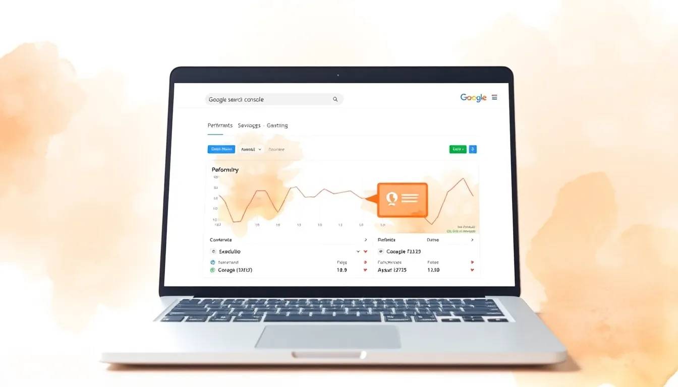 Laptop showing Google Search Console dashboard with performance graphs
