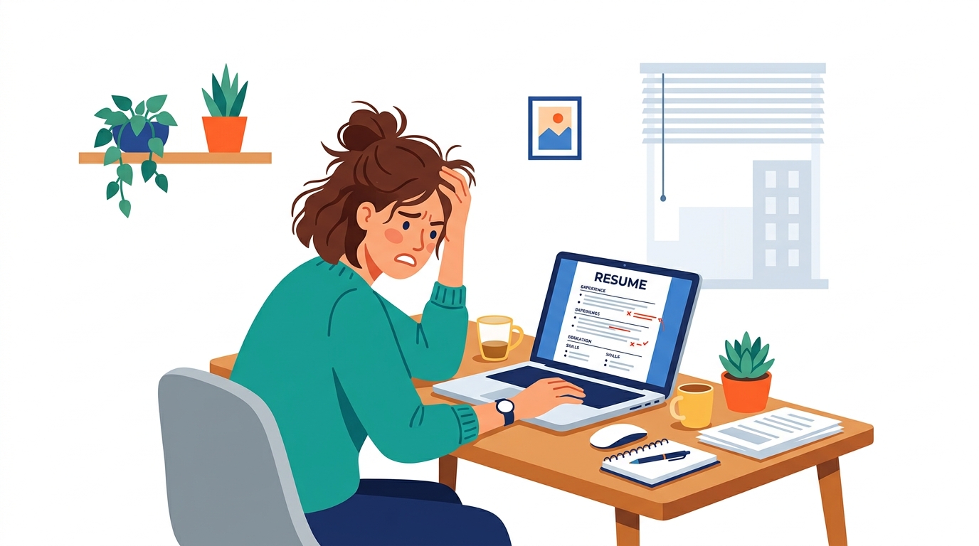 Person frustrated, looking at laptop with resume document open