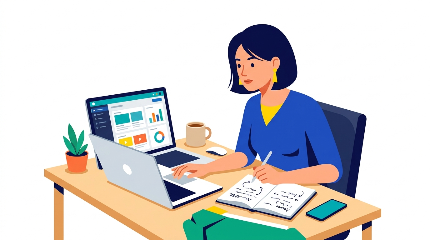 Marketer glancing between a laptop displaying AI content tool and handwritten notes