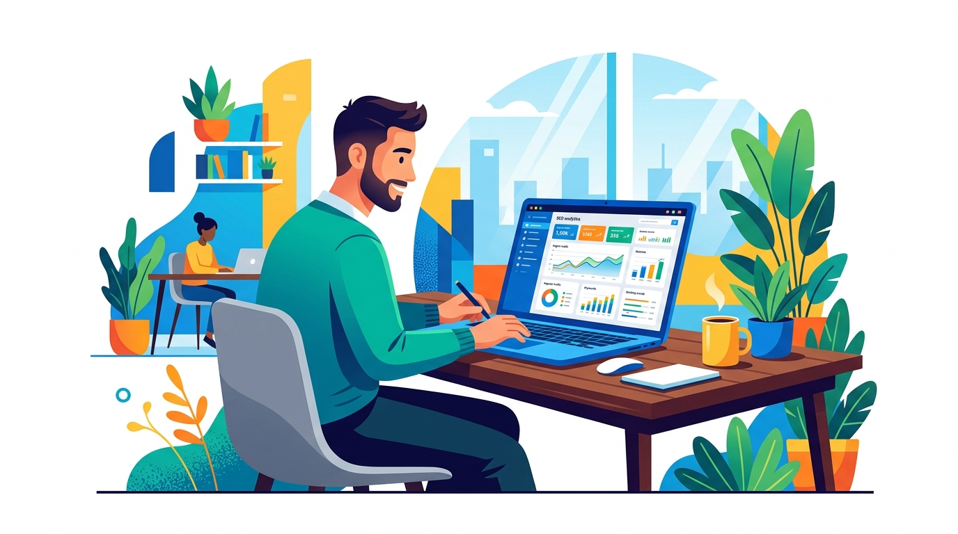 Digital marketer reviewing SEO dashboard on a laptop in a modern workspace