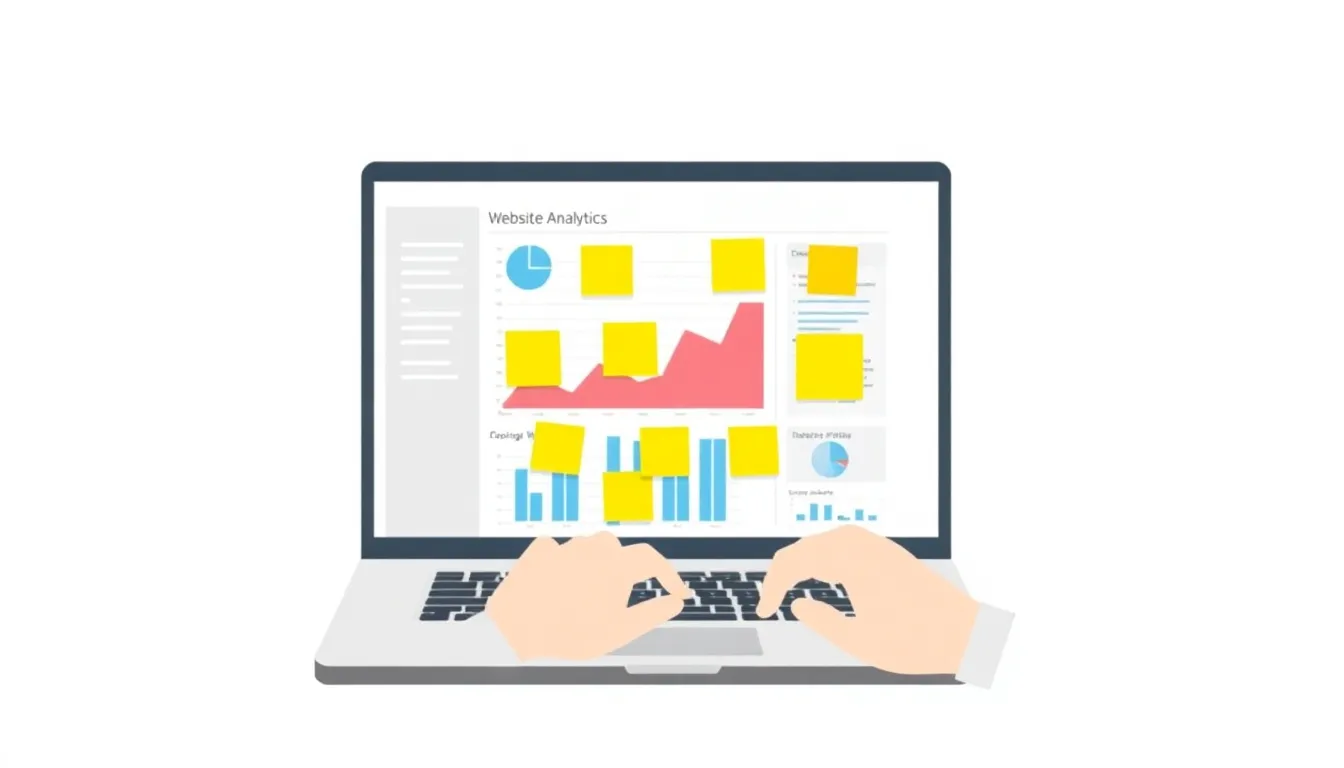 Person reviewing website analytics on a laptop, sticky notes with SEO tips visible