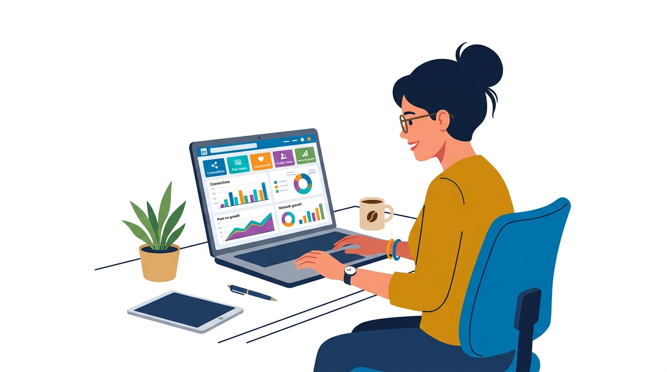 Person analyzing LinkedIn analytics dashboard on laptop