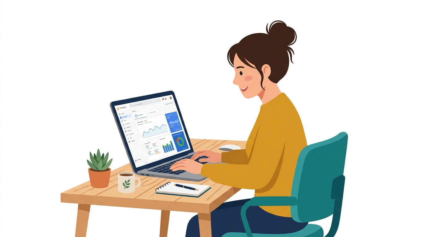 Woman typing on MacBook with Google Analytics dashboard visible on screen