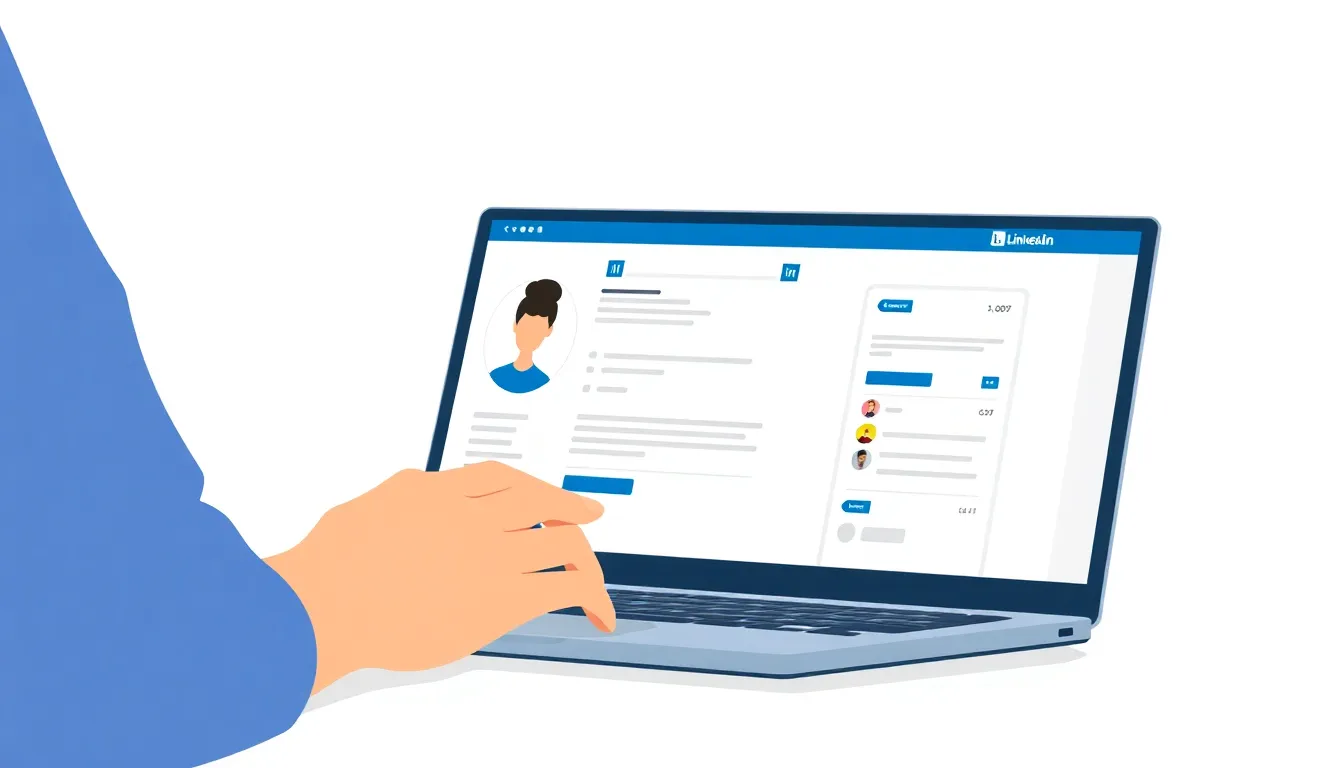 Person updating LinkedIn profile on a laptop in a modern office