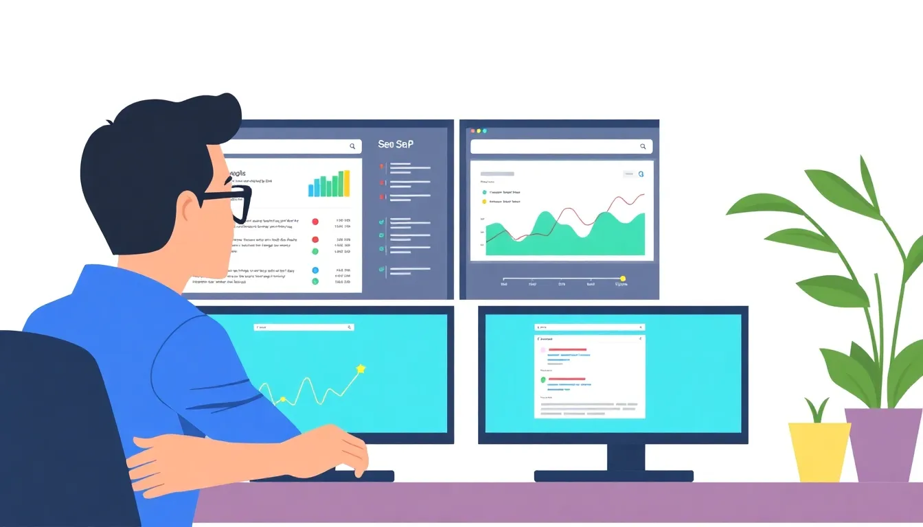 Marketer analyzing Google SERP dashboard on dual monitors