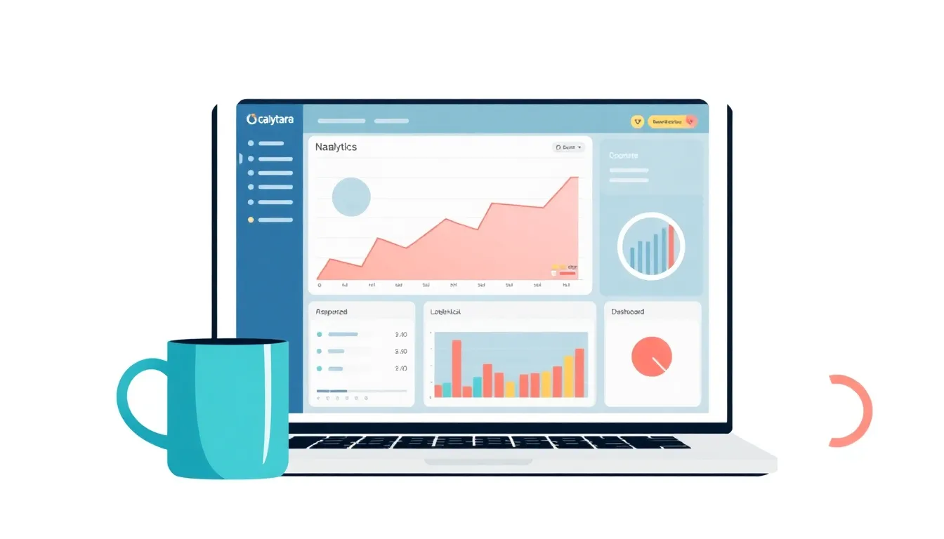Laptop screen displaying analytics dashboard beside a coffee mug and notebook
