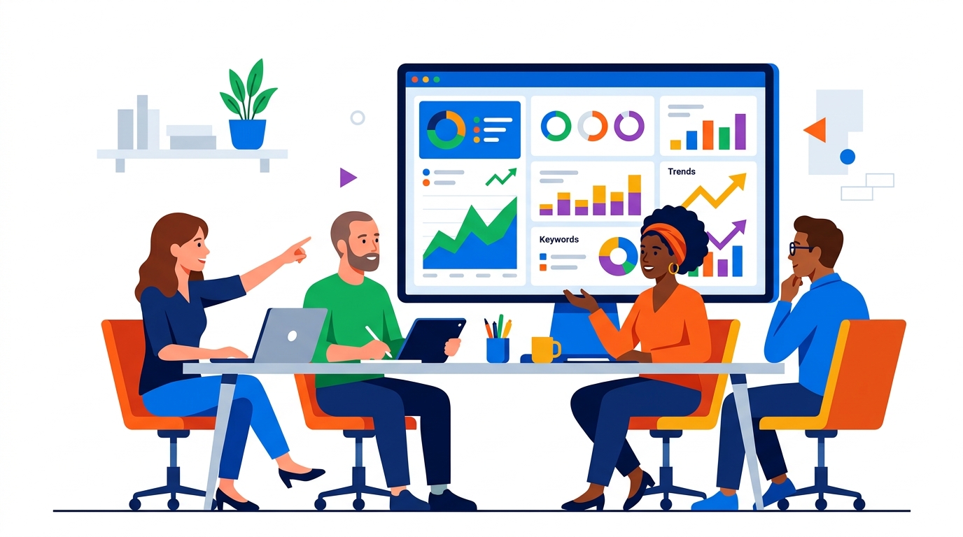 Team analyzing SEO performance dashboard on a large monitor