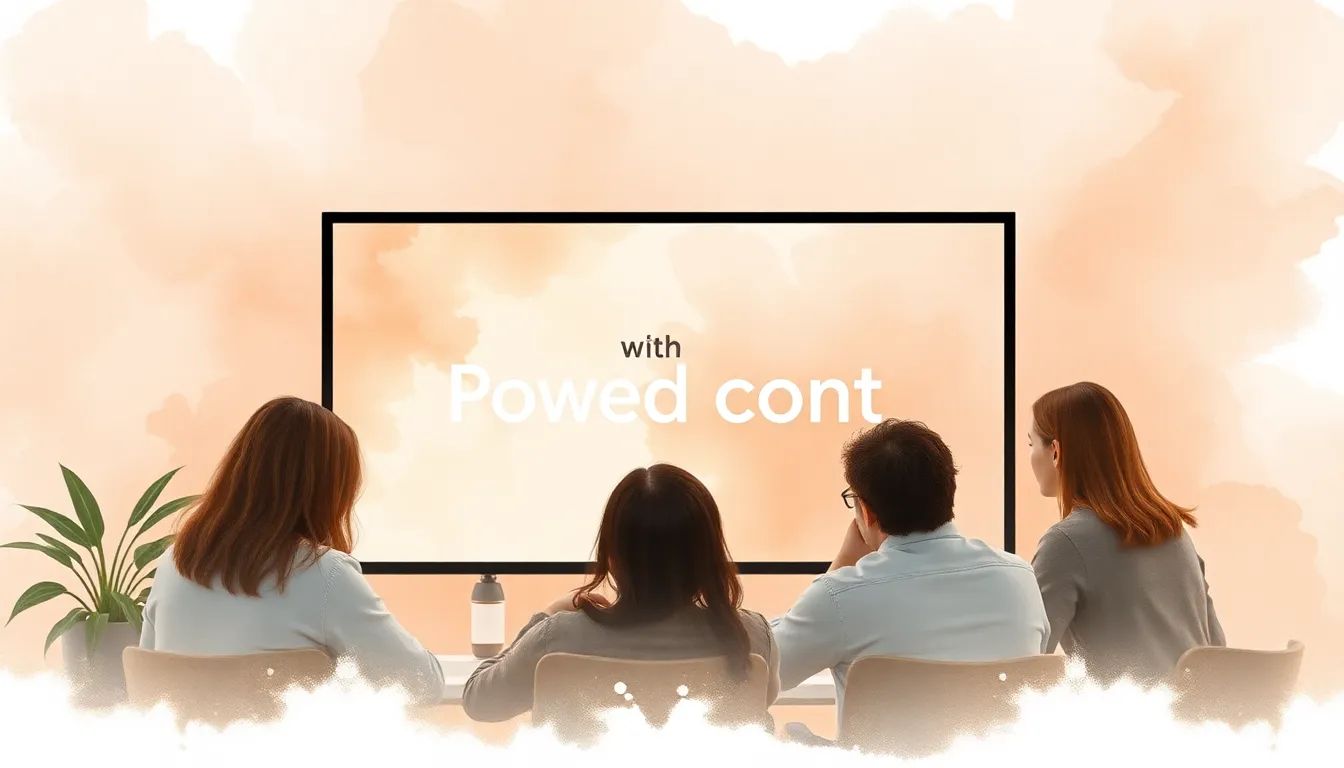 Marketing team gathered around a large screen showing AI-powered content dashboard