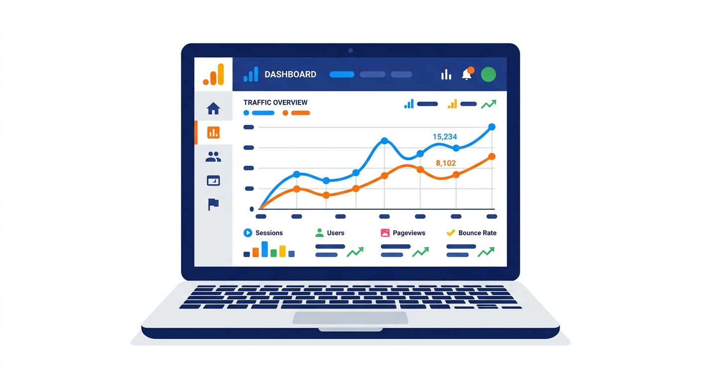 Laptop showing Google Analytics dashboard with a line graph trending upward