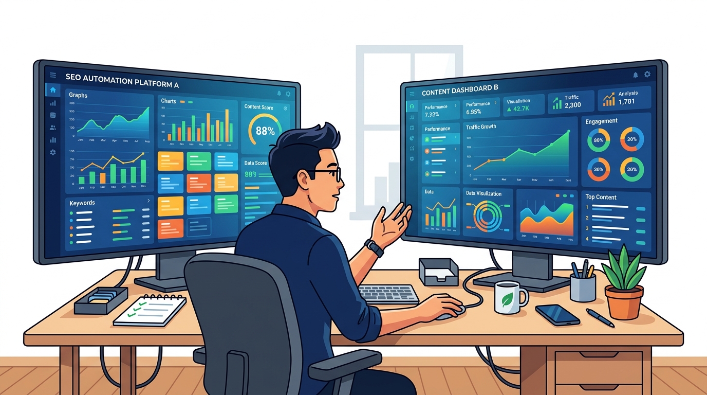 Marketer at a desk comparing SEO content automation dashboards on two screens