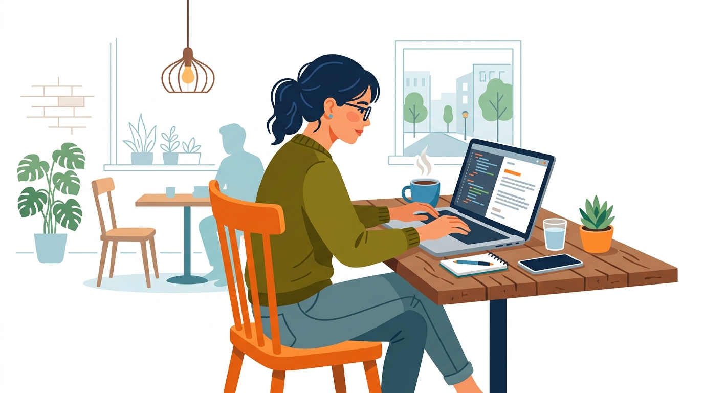 Freelancer at a café typing cold email sequence on a laptop