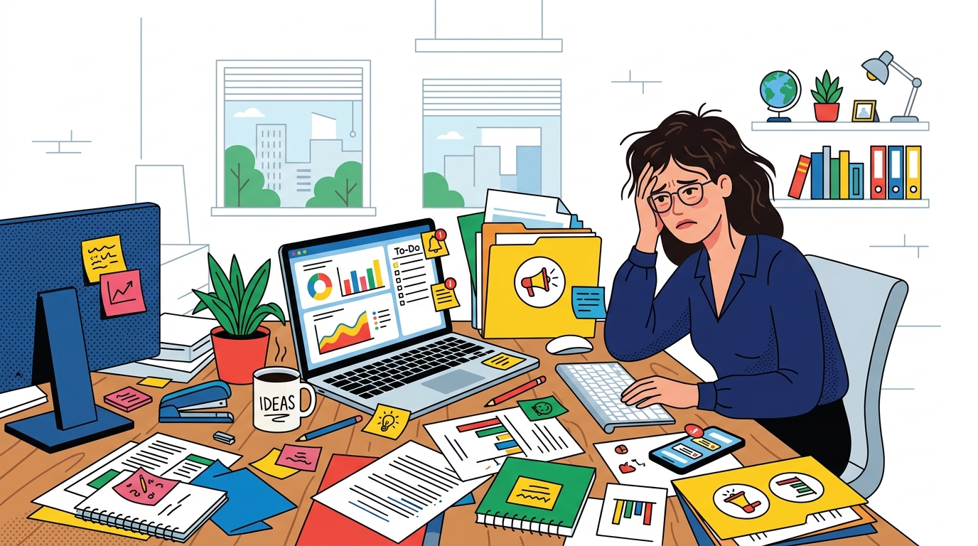 Frustrated marketer staring at a cluttered workspace filled with disorganized papers