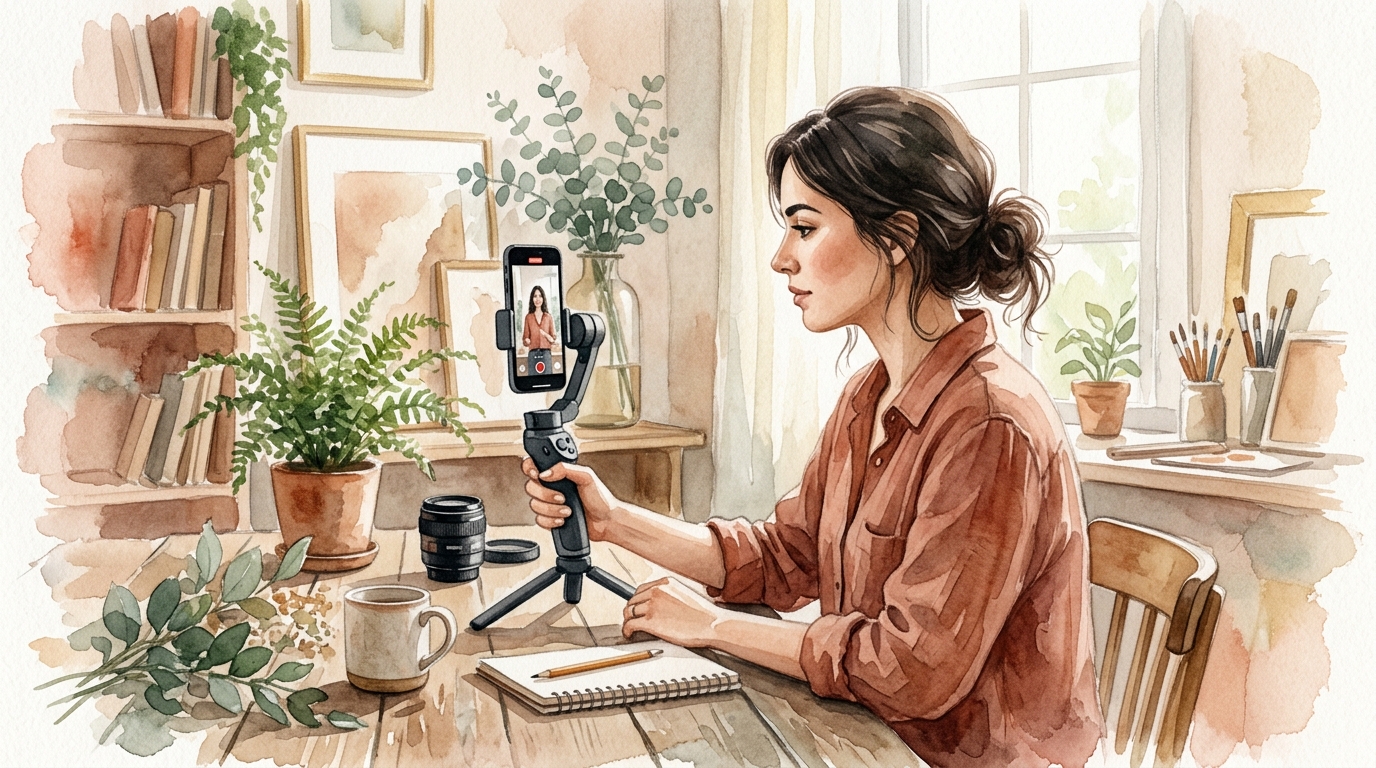 Professional filming a short vertical video using a smartphone at their desk