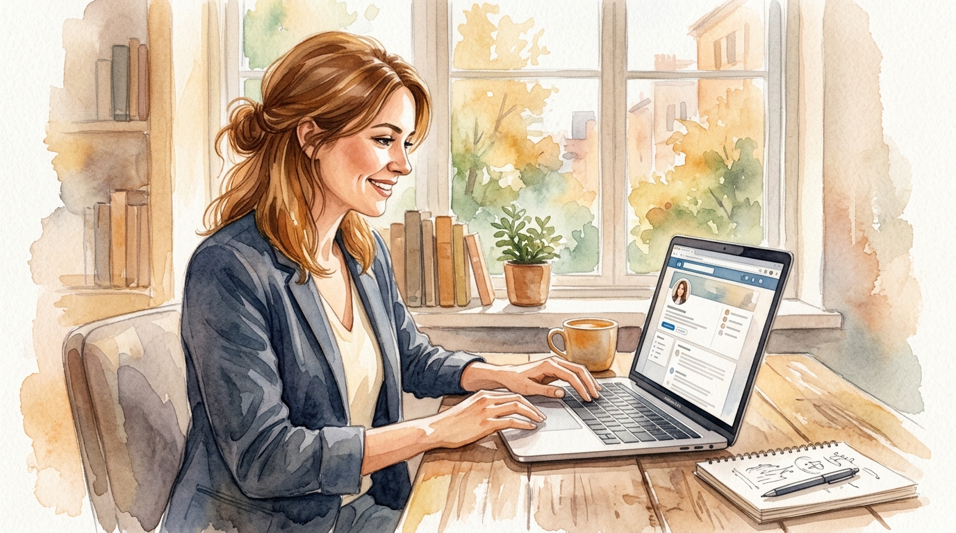 Business professional updating LinkedIn profile on laptop at a modern workspace