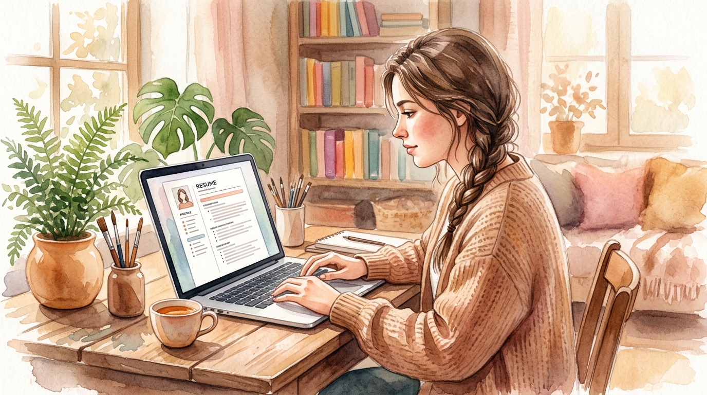 Person editing a resume template on a laptop screen with metrics in the work section