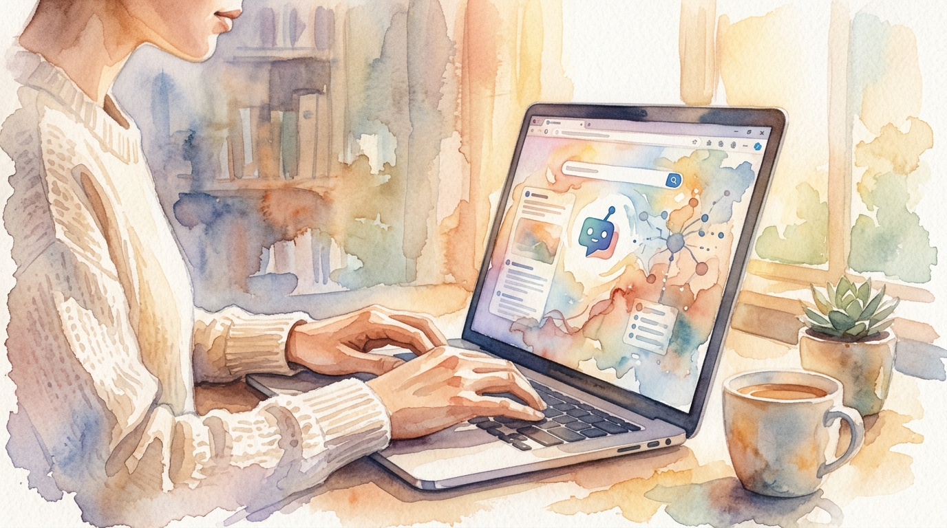 Person typing on laptop displaying Bing Copilot AI search results