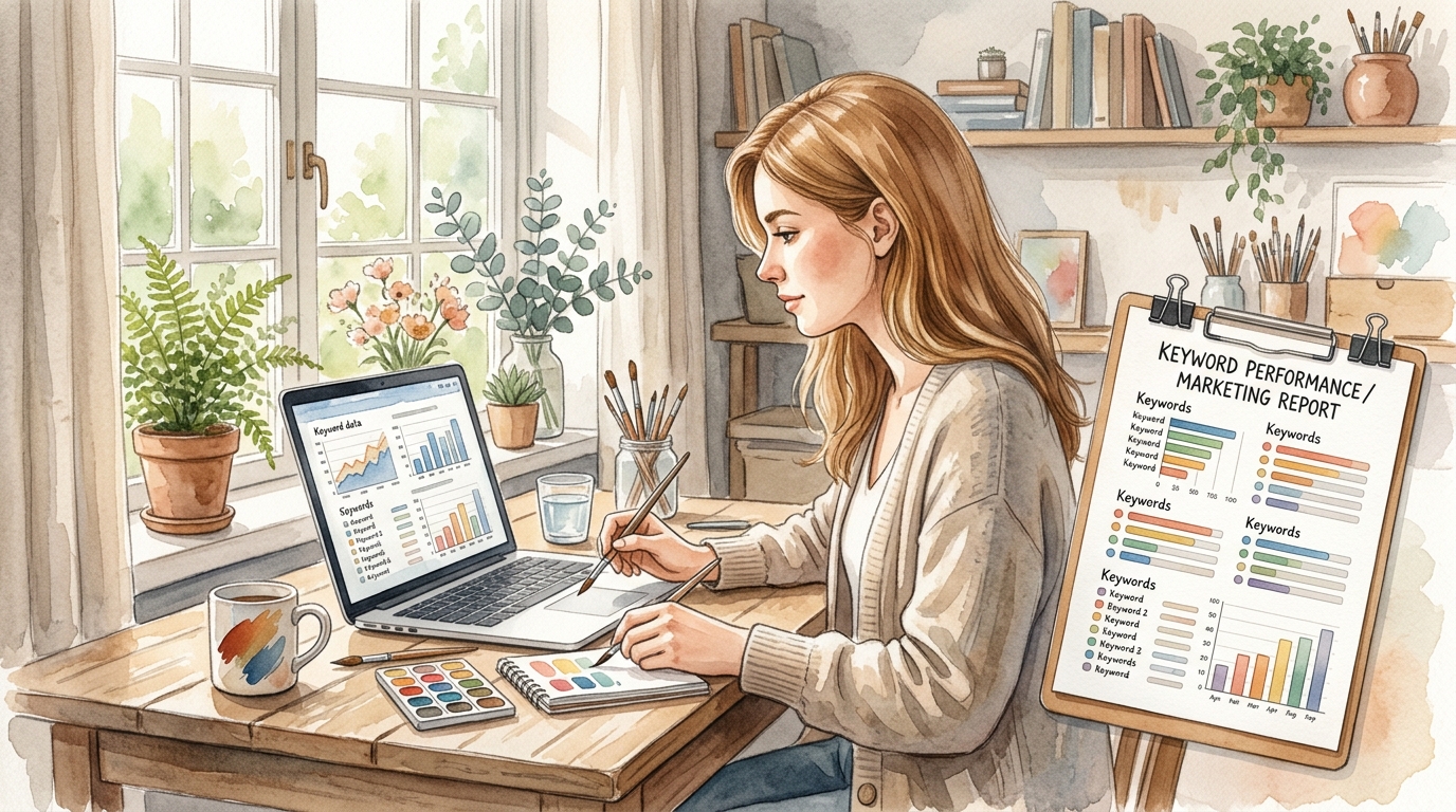 Marketer reviewing keyword data on laptop next to printed website strategy notes