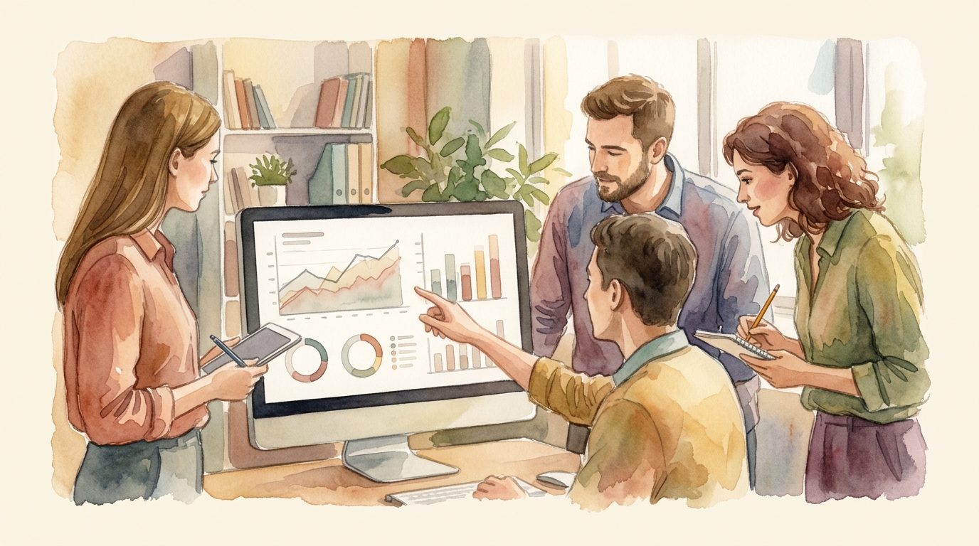 Team reviewing website analytics dashboard on a large monitor in a contemporary office
