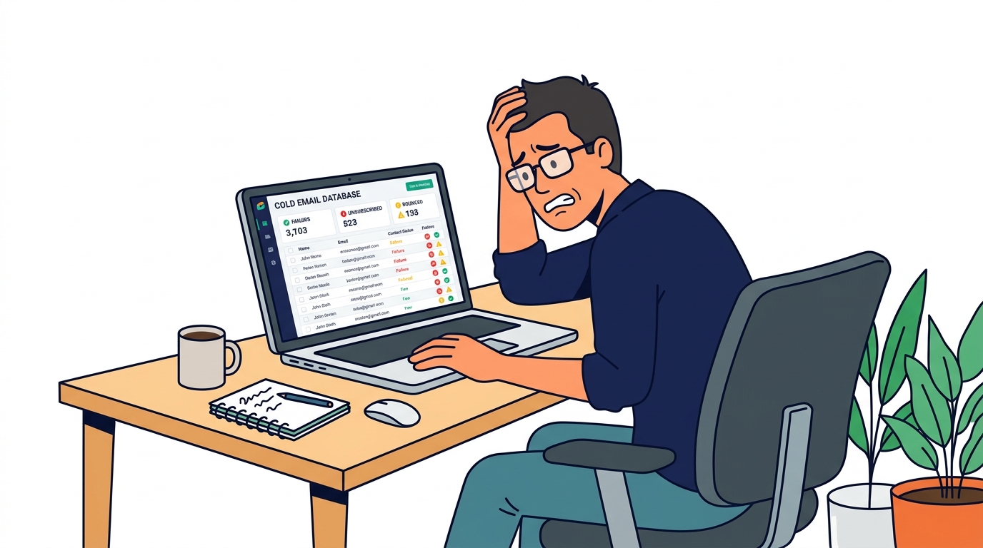 Person frustrated at laptop while reviewing a cold email dashboard