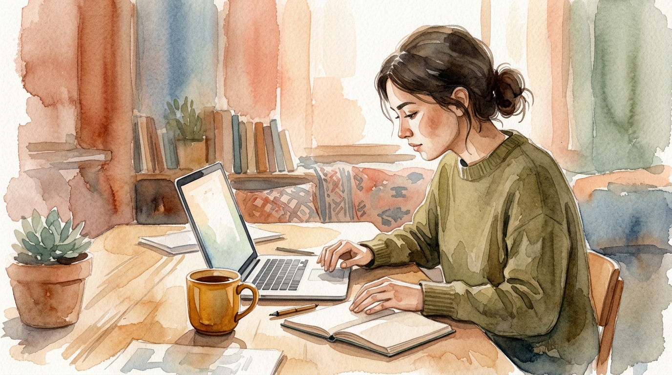 Person analyzing keyword data on laptop with coffee and notebook