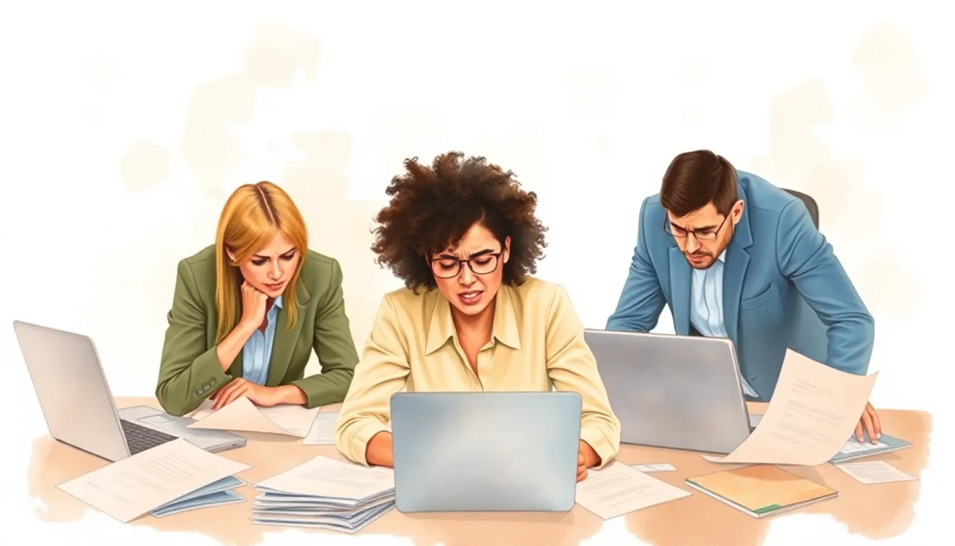 Frustrated sales team surrounded by paperwork and laptops in cluttered office