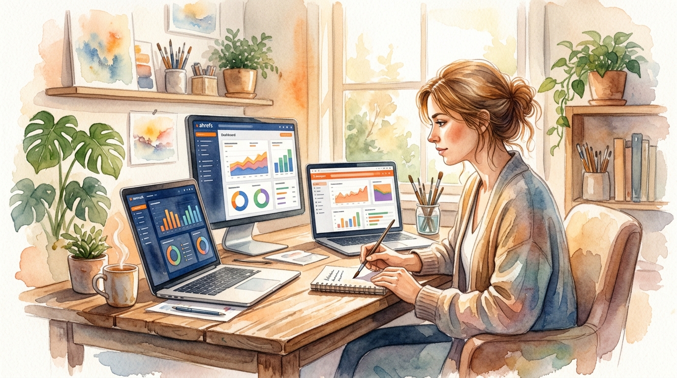 Marketer at desk comparing Ahrefs, Semrush, and Ubersuggest dashboards side by side