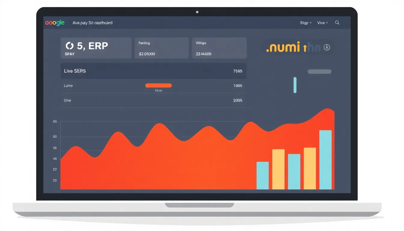 Laptop showing a live SERP SEO checker dashboard with ranking graphs and keyword lists