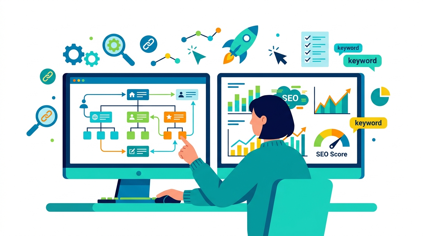 Person analyzing website structure on dual monitors with SEO dashboard open