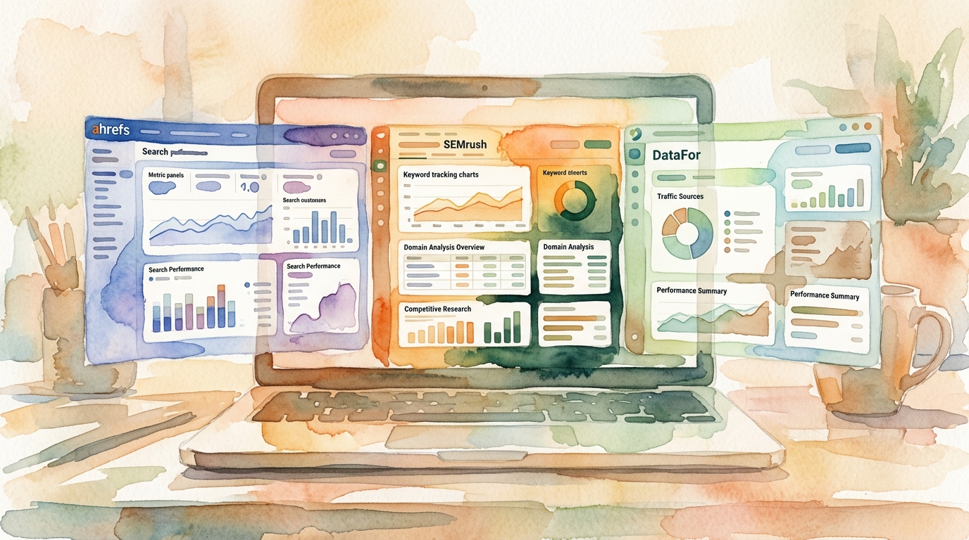 Laptop displaying dashboards of Ahrefs, SEMrush, and DataForSEO