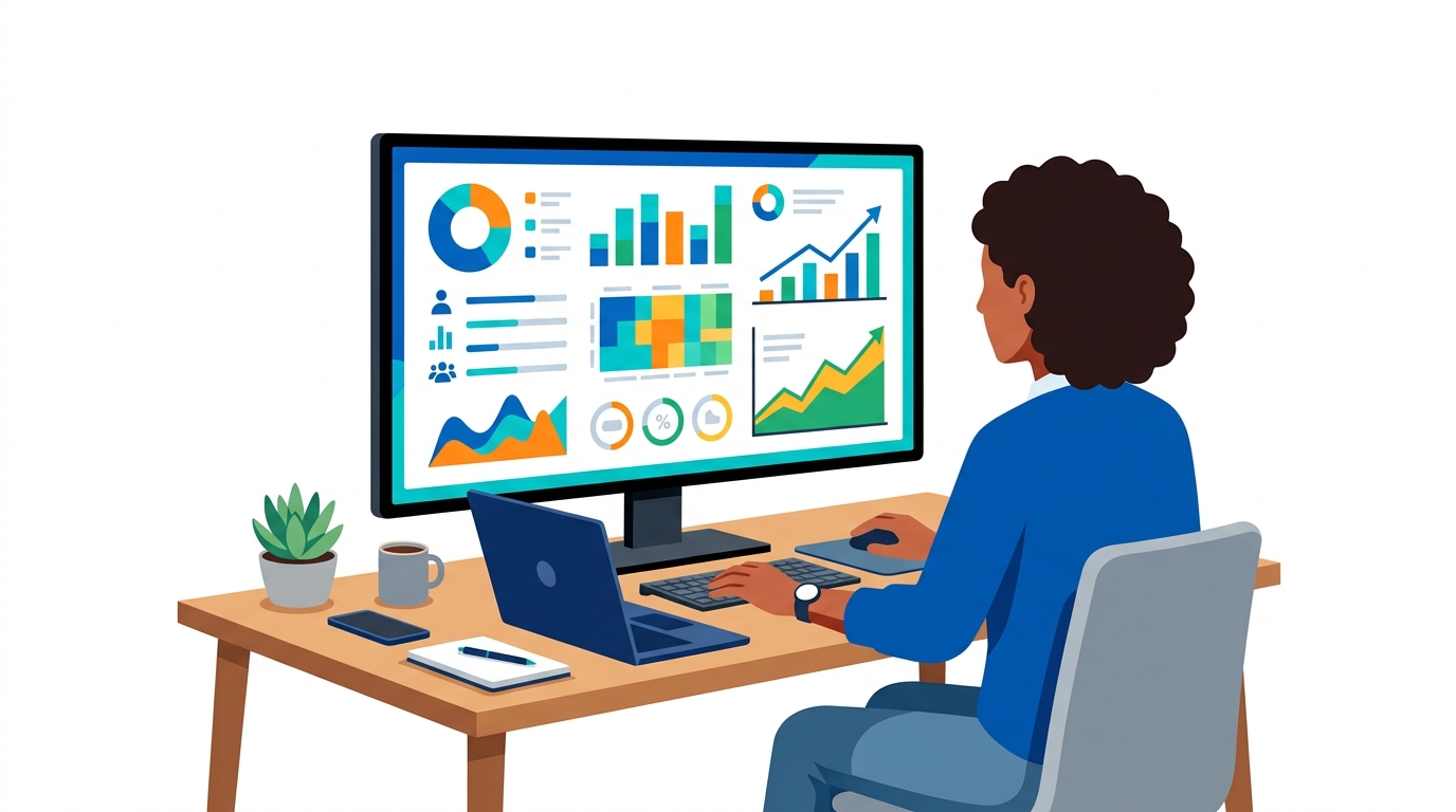 Person analyzing website analytics on a desktop monitor with SEO software interfaces