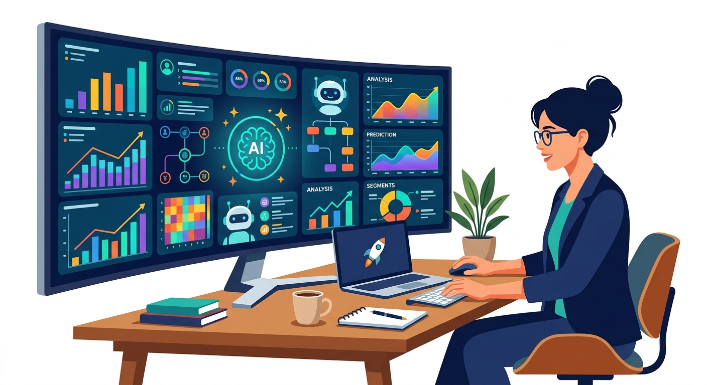 Marketer working at desk with AI-powered dashboard on large monitor