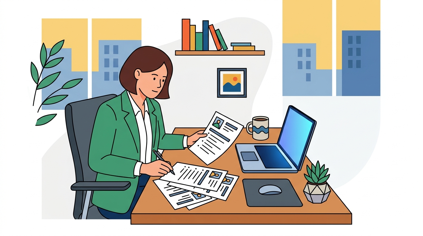 Person analyzing printed resume at modern workstation with digital charts in background