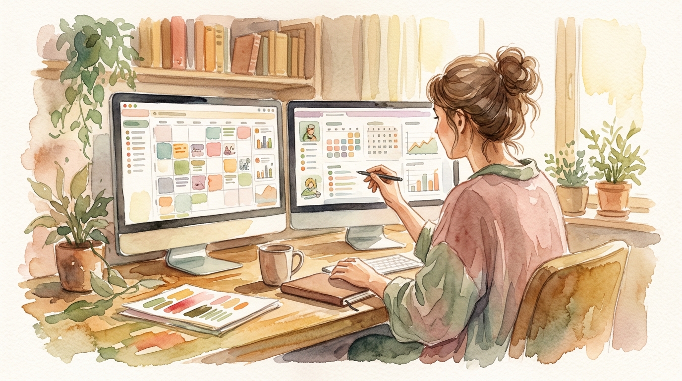 Person reviewing content calendar software dashboards side by side on laptop