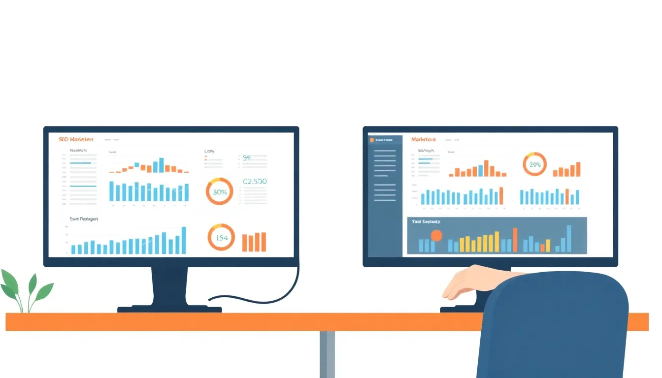Marketer comparing SEO dashboards side by side on dual monitors
