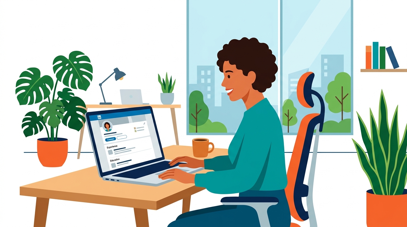 Person browsing LinkedIn profile on a laptop in a modern office